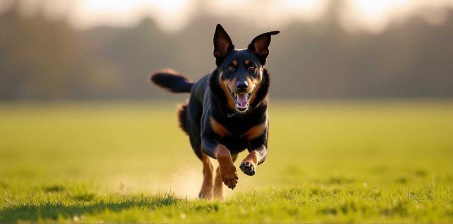 Beauceron feito por AI a correr num prado verde